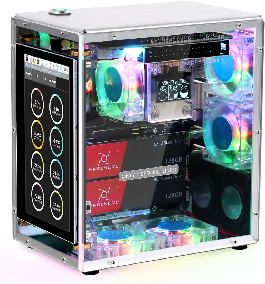 FREENOVE Raspberry Pi 5 Case Kit Pro (with 1x 128GB SSD), Dual M.2 NVMe SSD Slots, 5 PWM ARGB Fans Light Sync, CPU Tower Cooler, 4.3" Touchscreen, Stereo Speakers, 3.5 mm Audio