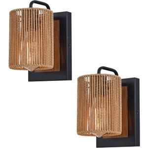 Boho Rattan Wall Sconces Set of Two, Farmhouse Wall Light Fixtures Lighting with Hand Woven Hemp Rope Shade Bedside Wicker Wall Lamp, Wall Mount Light Fixture for Bedroom Living Room Bathroom Stairway