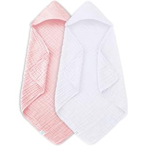MOON PARK 2 Pack Muslin Hooded Baby Bath Towels for Newborns, Infants, Toddlers - 100% Cotton - Large 32x32Inch Size - Highly Absorbent and Essential, White and Pink