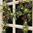 6 FT Artificial Christmas Garland, Faux Cypress Leaf Evergreen Garland with 20 LED Lights, Red Berries and Pinecones, Green-Yellow Leaves, Timer, Perfect for Indoor Outdoor Window Mantel