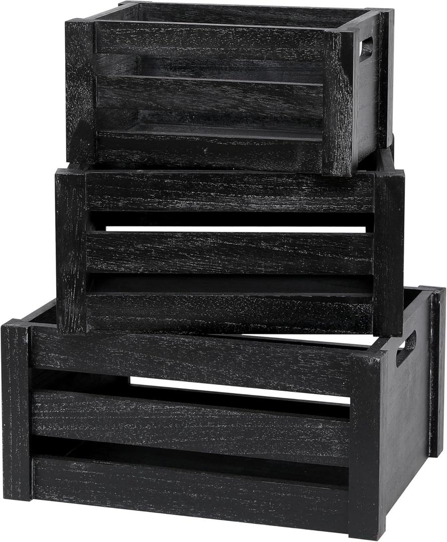 Large Classic Black Wooden Crates For Dispaly, Set Of 3 Wood Crates With Handles, Rustic Handmade Wood Boxes For Storage Or Display, Solid Wood Decrative Boxes (Classic Black)