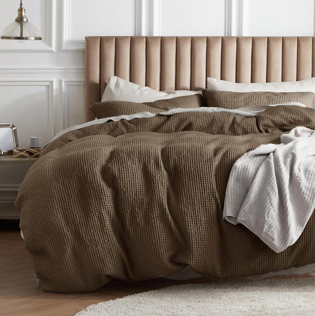 Cotton Duvet Cover Queen Size - 100% Cotton Waffle Weave Brown Duvet Cover Queen Size, GentleSoft and Breathable Bedding Set for All Season, 3 Pieces, 90"x90"