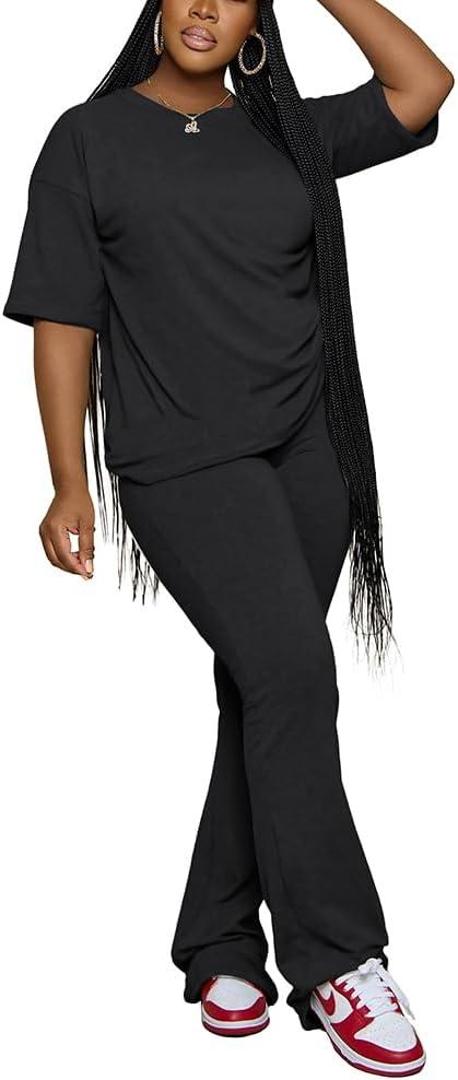 PINSV Women 2 Piece Outfits Short Sleeve Top and Flare Pants Lounge Sets Tracksuit (Large, Black)