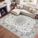 10x12 Area Rugs for Living Room, Machine Washable Boho Vintage Rug, Waterproof Surface & Non-Slip Backing, Foldable Soft Low Pile Floral Medallion Carpet for Bedroom Dining Room