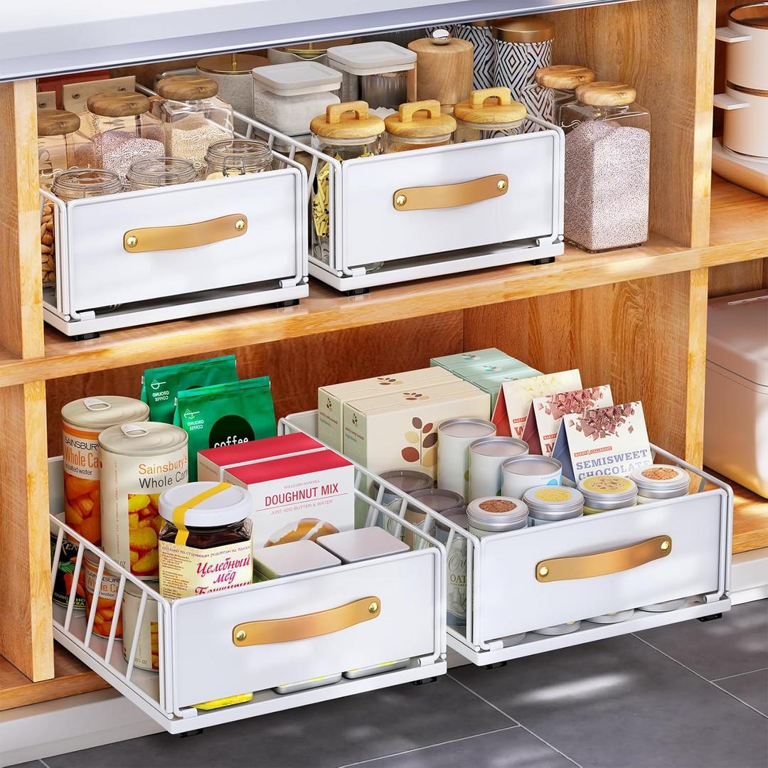 Pull out Cabinet Organizer,Heavy Duty Slide out Pantry Shelves Drawer Storage with Adhesive Nano Film,Sliding Mesh Cabinet Basket with Handle for Kitchen, Bathroom, Home, 11.8W" X 15.7"D X 6.2"H,White