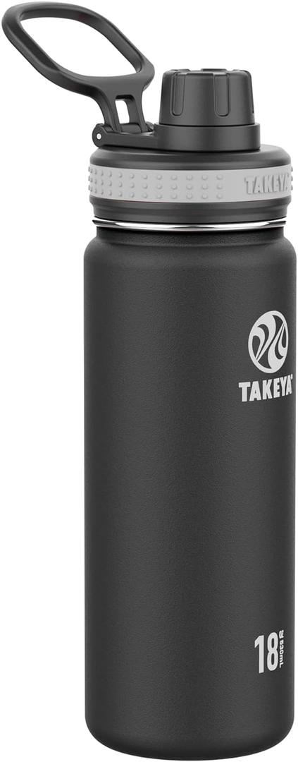 Takeya Originals 18 oz Vacuum Insulated Stainless Steel Water Bottle with Spout Lid, Black