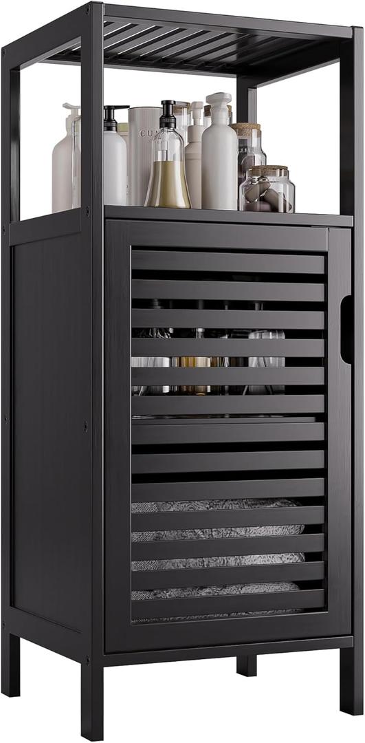 HITNET Bamboo Floor Cabinet, Small Bathroom Cabinet Floor Standing, 4 Tier Narrow Side Storage Cabinet, Space Saving Kitchen Cupboard with Single Door, Black