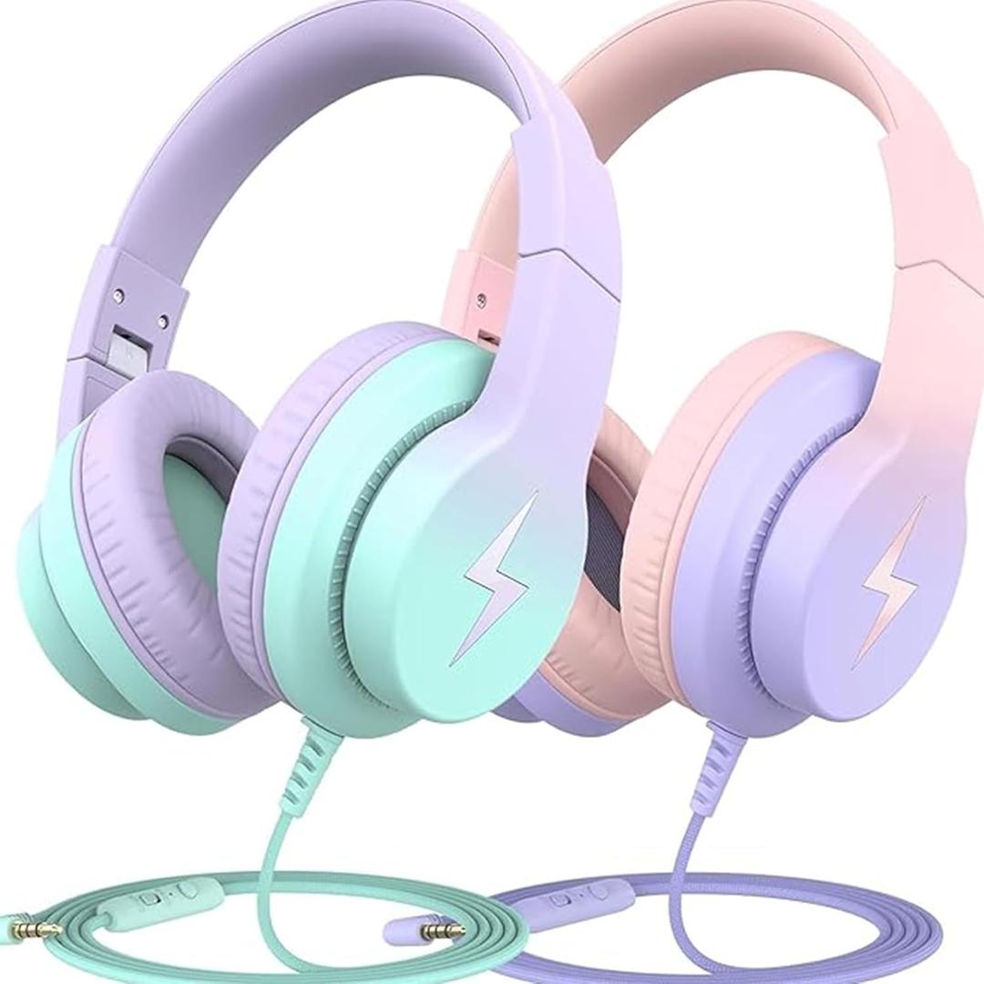 Candy Bila 2 Pack Kids Headphones, Wired Headphones for Kids Over Ear with Microphone, 85/94dB Volume Limiter Headphone for Girls Boys, Foldable Headphone for Learning & Entertainment (Gradient Pink, Gradient Purple)