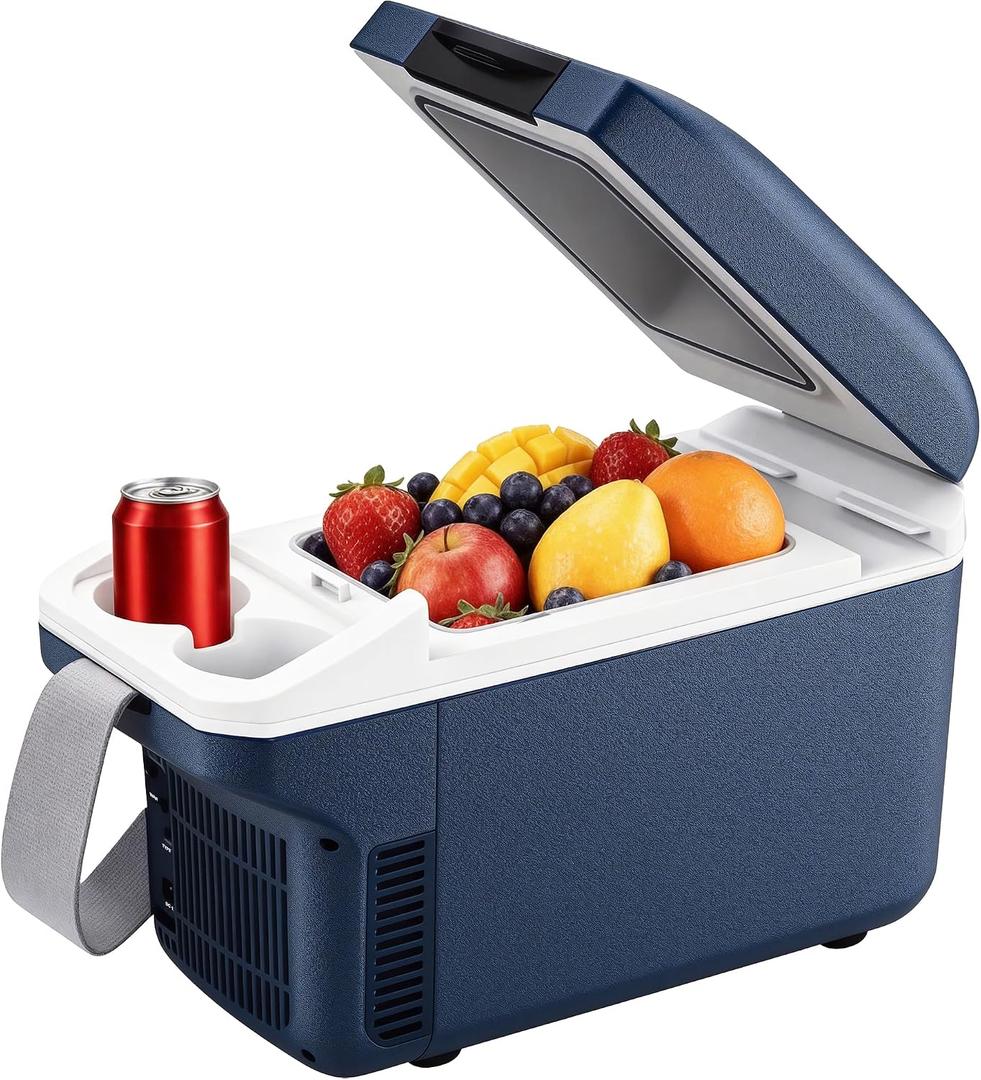 Iceblue Electric Cooler with Type-C, 8 Liter /11 Cans Mini Fridge with Belt, 9V Type-C Thermoelectric Dual-use Car Refrigerator, Car Fridge for Car, Dorm, Travel, Picnic, Gift (Blue)