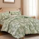 Dinjoy Comforter Set King Size Floral, 7 Piece Sage Green Bedding with Sheet Elegant Bed in a Bag with Botanical Flowers Lightweight Plant Comforters Farmhouse for All Season