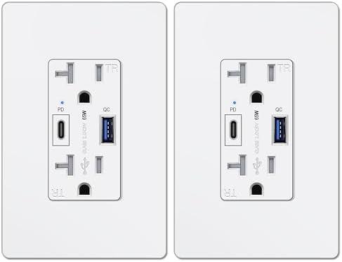 BESTTEN GaN 65W USB C Outlet Receptacle for Laptop, 20A High Speed Charging Outlet with USB Ports, Type C Supports PD 3.0 & PPS, Type A Supports Quick Charger 3.0, 2 Pack, UL Listed, White
