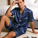 BBO FACTORY Men's Summer Silky Satin Pajama Set 2PC Short Sleeve Button Down Hotel Loungewear Pockets Sleepwear Navy L