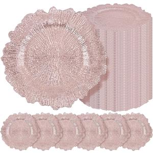 50 Pcs Rose Gold Charger Plates Bulk 13 Inch Plastic Charger Plates for Dinner Plate, Rose Gold Chargers for Table Setting, Reef Design Plate Floral Decorative Round Chargers for Wedding Party, Event