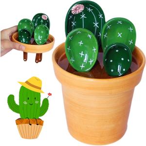 Cactus Measuring Spoons Set in Pot, Cute Ceramic Measuring Spoons and Cups, Kitchen Cacti Spoon with Holder, Baking Measuring Cups Ornaments Gift (2 Color Spoons/Solid Color Base) Cactus Measuring Spoons Set in Pot, Cute Ceramic Measuring Spoons and Cups, Kitchen Cacti Spoon with Holder, Baking Measuring Cups Ornaments Gift (2 Color Spoons/Solid Color Base)