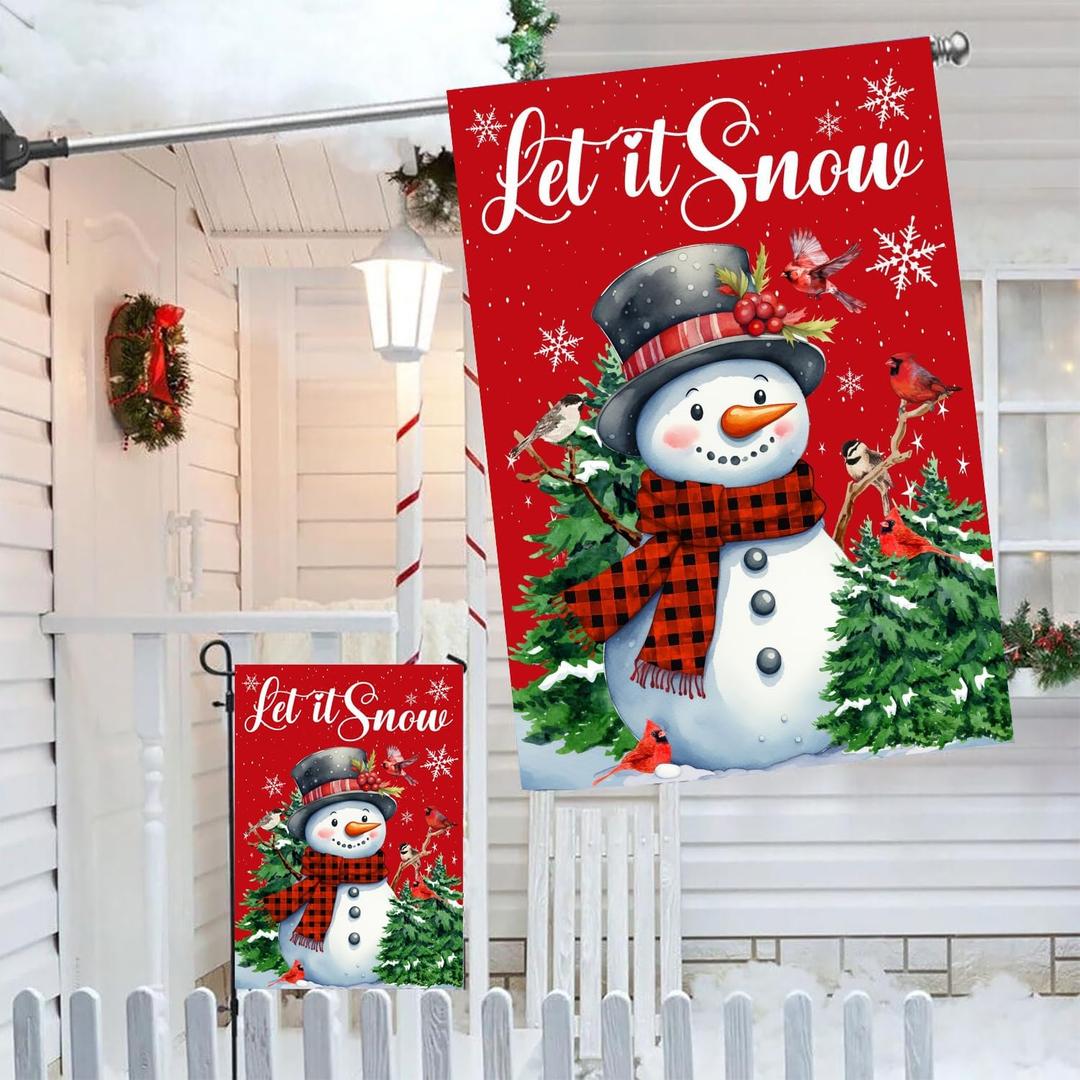 Winter Flag Set - Snowman & Cardinal - 28x40 & 12x18 Double Sided Christmas & Holiday Yard Flag (House + Garden Flags)