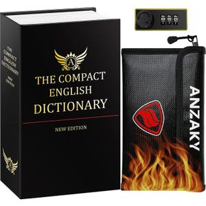 Dictionary Diversion Book Safe with Combination Lock and Fireproof Money Bag, ANZAKY Dictionary Storage Box for Cash Safe Hidden, Money Hiding Box, Secret Portable Metal Compartment Safe