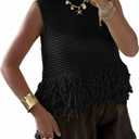 Saodimallsu Womens Crochet Crop Tank Tops Sleeveless Fringe Crew Neck Trendy Boho Knit Summer Sweater Vest, Small