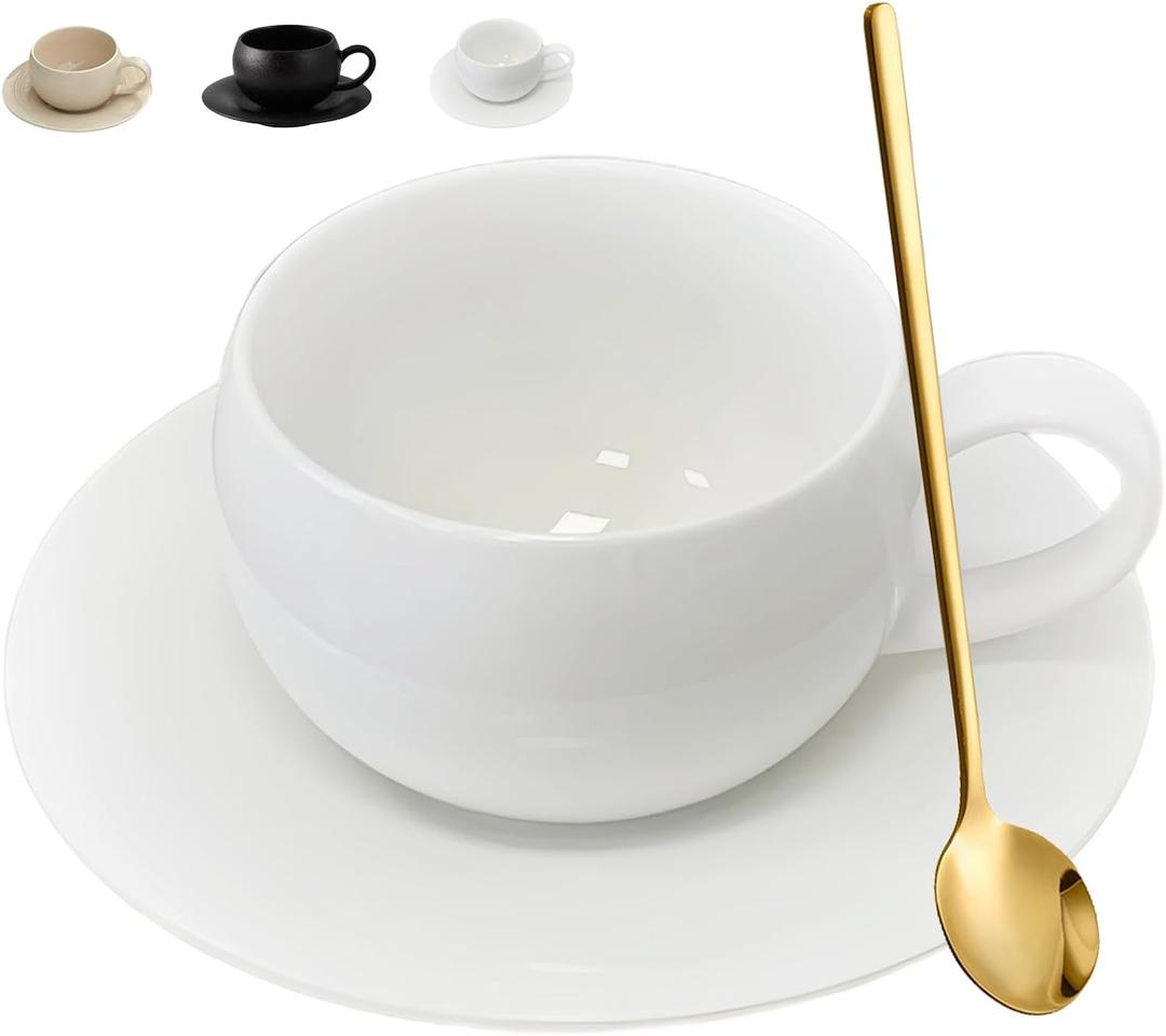 ARISKEY Latte Art Cup with Saucer,9.5OZ/280ml Ceramic Cute Cup with Coaster for Tea, Milk and Latte Art,Dishwasher and Microwave Safe(Pure White)