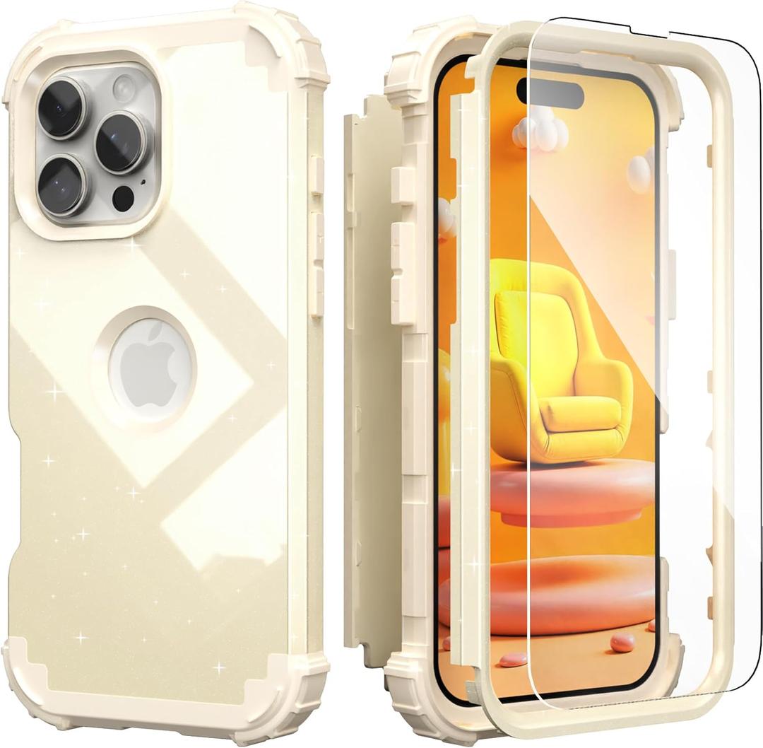 IDweel for iPhone 16 Pro Max Case with Screen Protector for Women, 3 in 1 Shockproof Slim Fit Hybrid Heavy Duty Hard PC Cover Soft Silicone Bumper Full Body Anti-Fingerprint Case,Glitter Yellow