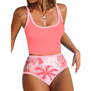 ZAFUL Tankini Swimsuit Tummy Control Bathing Suits Two Piece Swim Top with High Waisted Bottom (Pink, M)