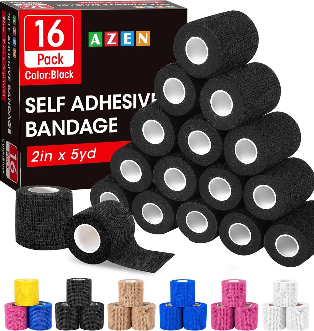 AZEN 16 Pack Self Adhesive Bandage Wrap Black, 2" X 5 Yards Black Athletic Tape, Vet Wrap, Tattoo Grip Tape WrapAnkle Tape, Cohesive Bandage Wrap