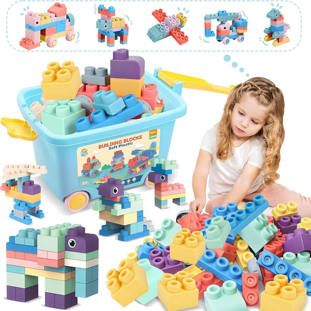 ROHSCE 100PCS Baby Blocks Set with Storage Bucket, Building Block Toys STEM Educational Toddler Gifts, Rubber Soft Blocks for Preschool, Sensory Stacking Toys to Improve Creativity