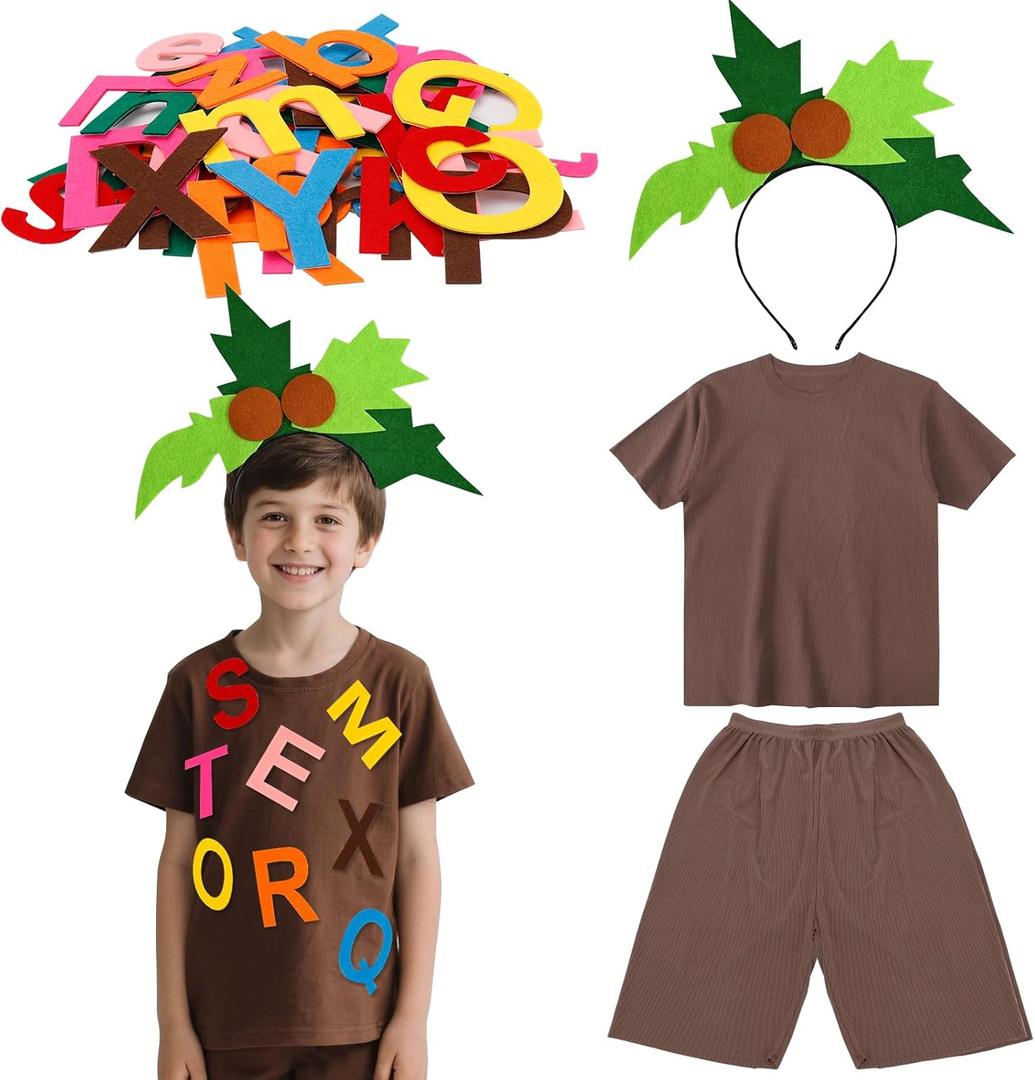 JMUQ Book Character Costume for kids Palm Tree Costume Include Brown T-Shirt Palm Tree Headband Self Adhesive Felt Letters for Back to School Party Dress Up Classroom Party Accessory