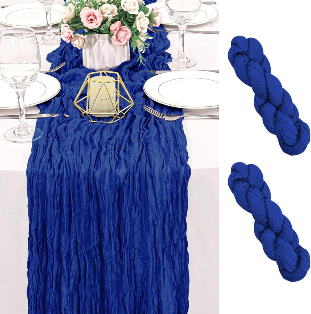 2 Pack 120 Inch Royal Blue Cheesecloth Table Runner Boho Rustic Gauze Sheer Romantic 10 FT Long Cheese Cloth Table Runner for Bridal Baby Shower Wedding Party Birthday Holiday Home Easter Decor