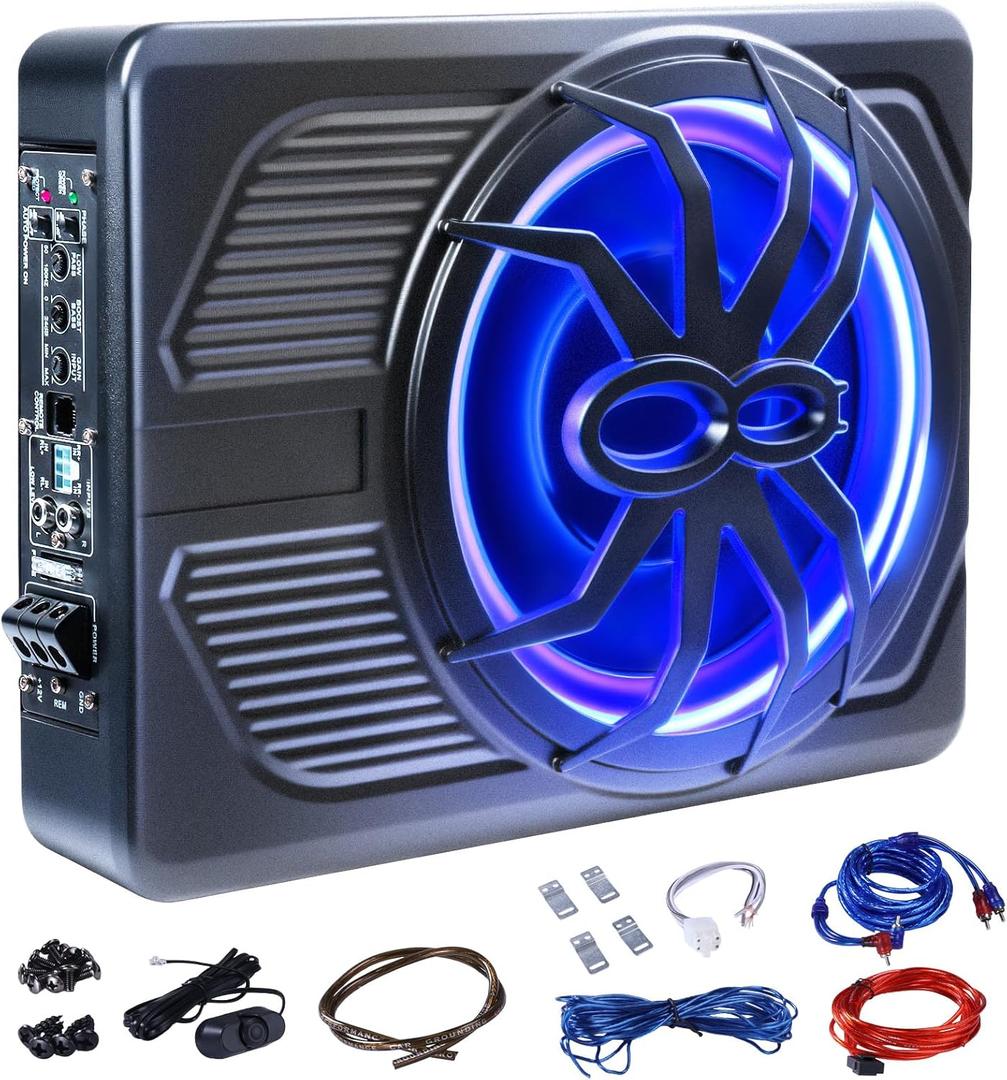 1000W Car Subwoofer, 10'' Slim Under Seat Powered Car Subwoofer w/Built-in Amplifier & Hi/Lo Input, Bass Speaker Subwoofer with Blue Light, Individual Control, for Car/Truck/SUV/Jeep/MPV, Spider Style