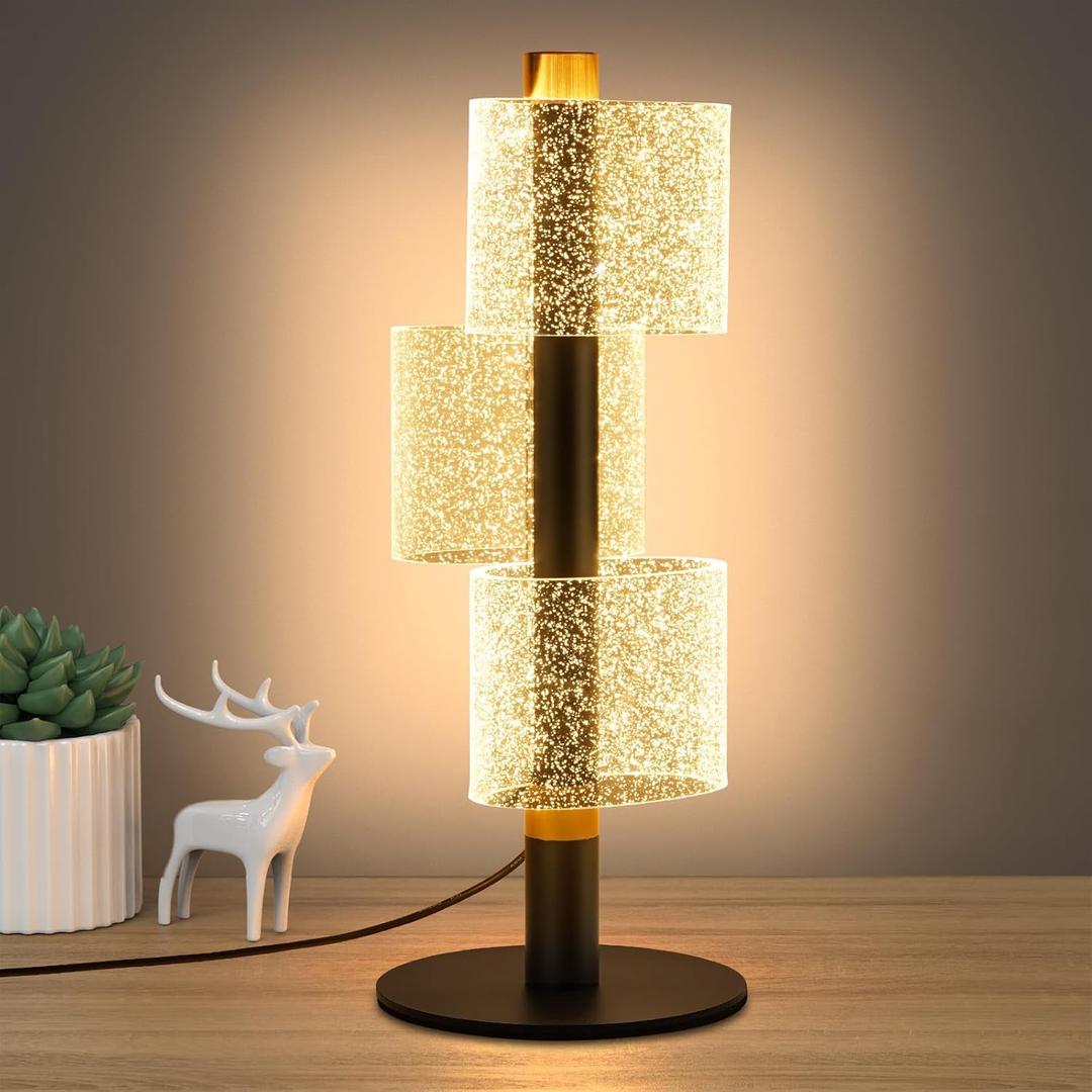 NUR Modern Table Lamp Set of 2, Black Nightstand Lamp with Stepless Dimming, Shimmer Cylinder Design, Bedside Light for Bedroom, Living Room, Dorm, Office (LED Table Lamp)