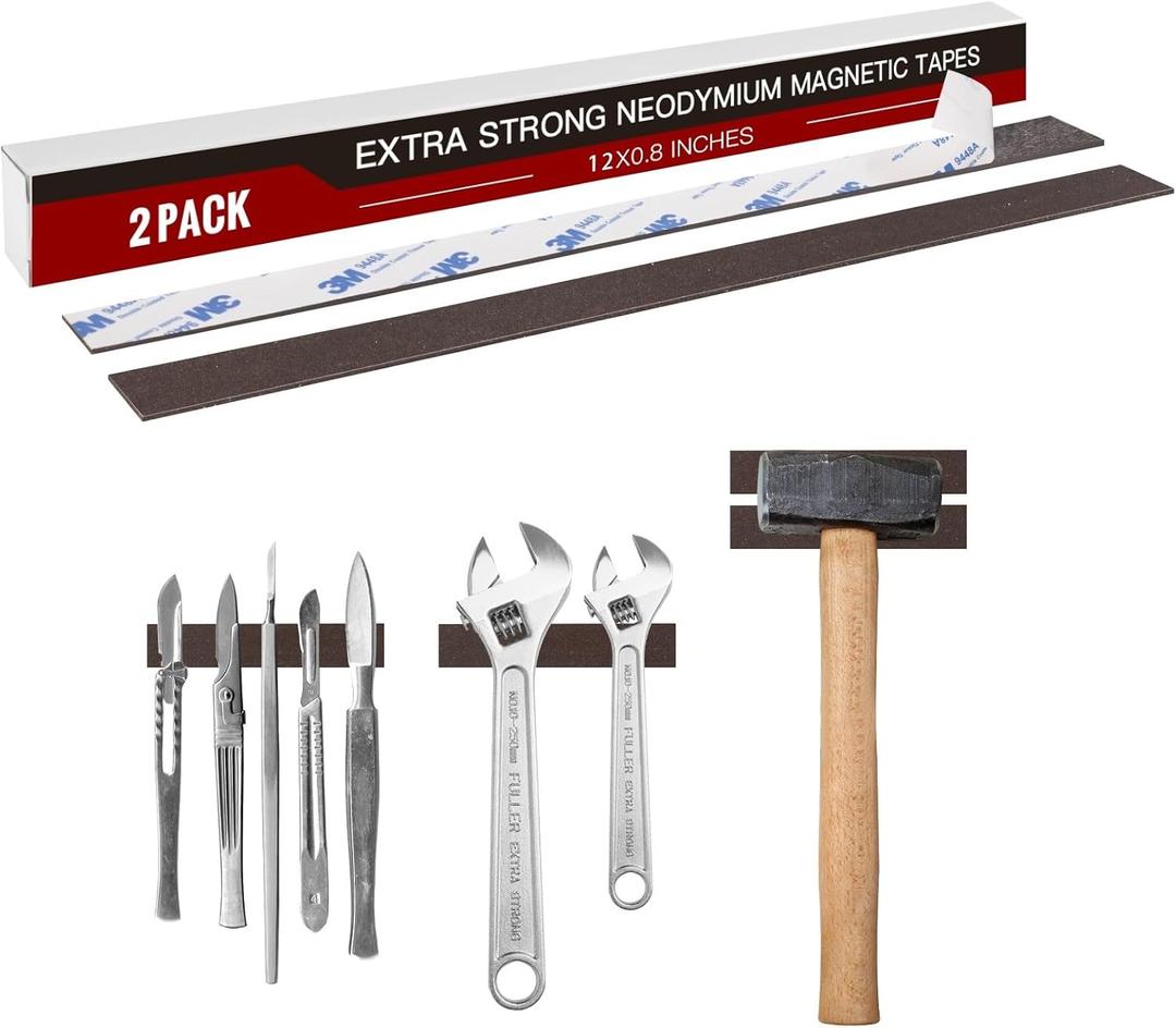 Extra Strong Flexible Neodymium Magnetic Strip 12 X 4/5"(2 Pieces),60 Mil Magnetic Tape Strips with Adhesive Backing, Heavy Duty NdFeB Magnets,Super for Basemen Tool Room,Garage,Organized Storage