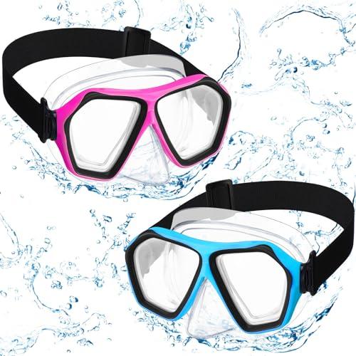 Fabbay 2 Pcs Adult Swimming Goggles with Nose Cover Diving Mask Elastic Strap Anti Fog Swim Snorkel Masks Wide View for Men Women Summer Diving Snorkeling Swimming (Pink, Blue)