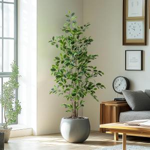 Artificial Ficus Tree Indoor 5ft, Large Potted Faux Tree with Realistic Silk Leaves & Trunk for Home Office, Living Room Corner Decor (White Green)