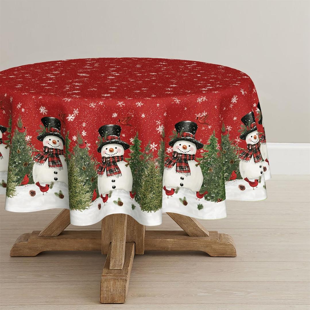 Horaldaily Christmas Tablecloth 6060 Inch Round, Winter Snowman Trees Red Washable Seasonal Table Cover for Party Picnic Dinner Decor