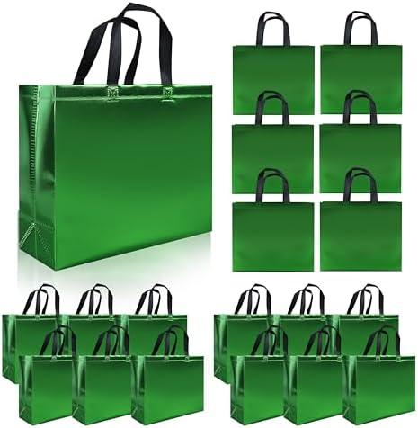 cabzymx Glossy Green Reusable Gift Bags 15 pcs, 12.6 x 4.7 x 11 In Large Gift Bags with Sturdy Base, Non-woven Reusable Party Bags Bulk for Birthday, Wedding, Easter, Holiday