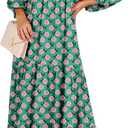 ANRABESS Womens Boho Maxi Dresses 2025 Summer V Neck Puff Sleeve Floral Flowy Swing Fall Casual Long Dress (Large, Green)