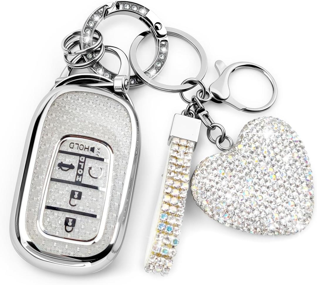 Key Fob Cover with Diamond Bling Keychain for Women, Car Key Holder Compatible with Honda 2022 2023 2024 2025, TPU Key Case and Elegant Heart Key Chain (Silver, 1PCS)