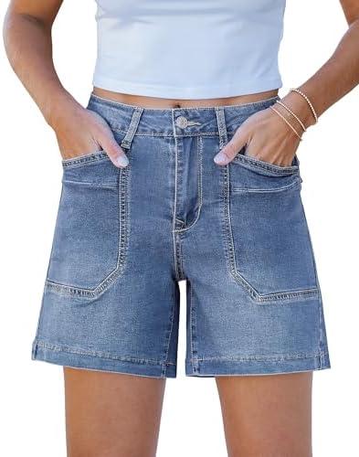luvamia Jean Shorts for Women Trendy Mid Rise Casual Summer Jorts Distressed Cut Off Stretchy Denim Shorts with Pockets, L