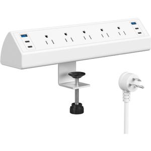 Desk Clamp Power Strip USB C,ETL Listed,40W Total Fast Charging Station,4 PD 20W USB C Ports, Nightstand Edge Mount Power Strip with 5 AC Outlets Surge Protector,6ft Cord,Fit 1.96" Tabletop Edge (White)