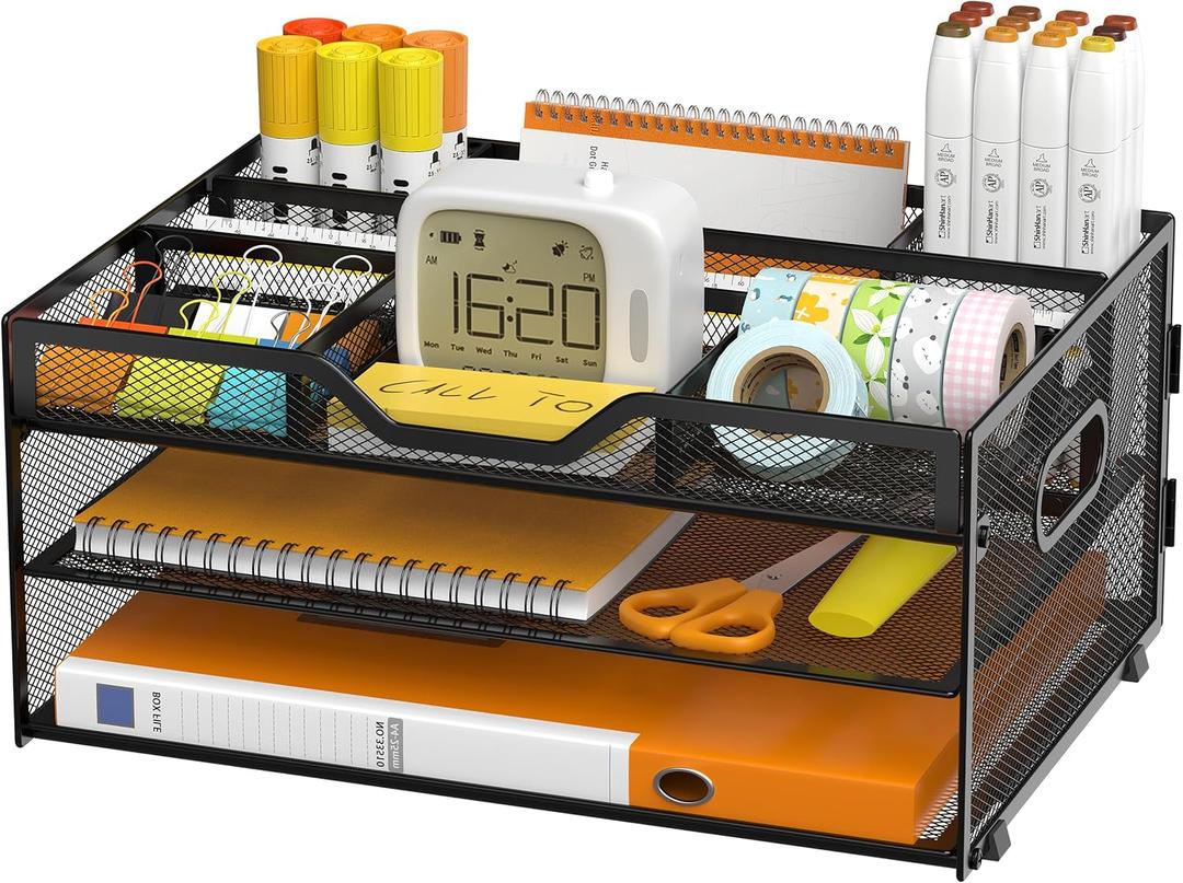 3-Tier Letter Paper Tray Desk Organizer, Black Desktop File Rack Holder with 3 Drop in Pencil Holder and Sliding Tray for Office Classroom and Home Supplies Organization Storage