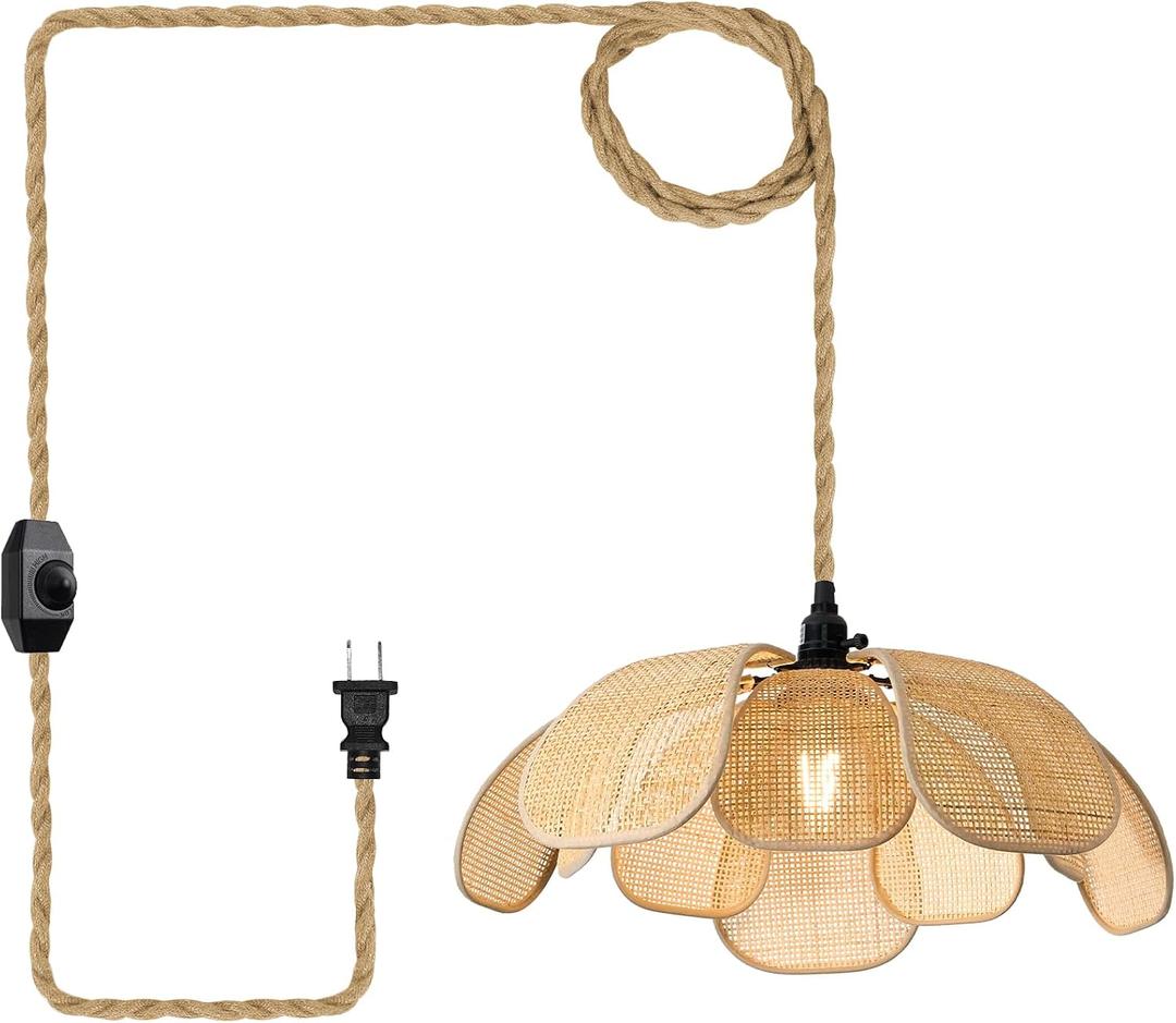 Boho 20 Inch Plug in Chandeliers Rattan Hanging Lights Flower Pendant Light with On/Off Switch 15ft Hemp Rope Cord Handwoven Lampshade Bedroom Flower Hanging Lamp Fixture