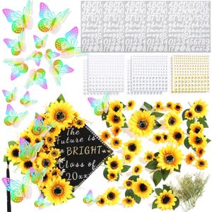Hoteam DIY Graduation Cap Decorations Kit Included Faux Flowers 3D Butterfly Self Adhesive Rhinestones Glitter Alphabet Letter Stickers for 2026 Grad Cap Topper Party Gifts Decor(Bright Yellow)