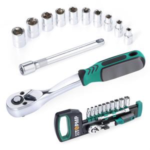 ZTGPMP 12Pcs 1/4 Inch Drive Ratchet Socket Wrench Set, 72 Teeth Bent Handle Release Ratchet Wrench with CR-V 6 Point Shallow Metric Sockets (4mm-13mm) And Extension Bar