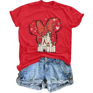 Women Magic Kingdom Shirt Castle Graphic Shirts Casual Family Vacation Holiday T Shirt Cute Short Sleeve Tee Top (X-Large, Red)