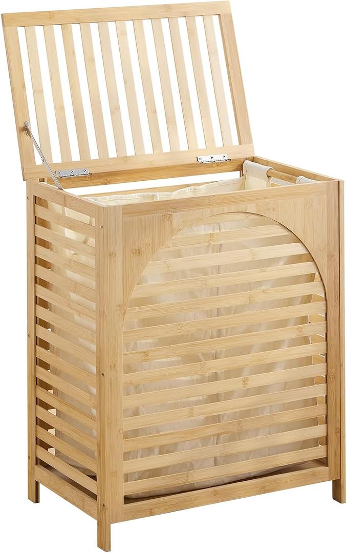 Laundry Hamper with Lid, Bamboo Clothes Laundry Basket with Handles, Removable 2-Section Liner bag, Hampers for Bedroom Aesthetic, Large Storage for Bath Towel, Sheets or Toys, Home (Natural), 21.9" x 13.8" x 26.6"