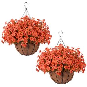 Hananona 22 Pcs Artficial Outdoor Flowers with Hanging Baskets, Orange Fall mums 2 Pack Hanging Planter with Outdoor Fall Flowers for Autumn Porch Garden and Home Patio Yard Decor (2, Orange)