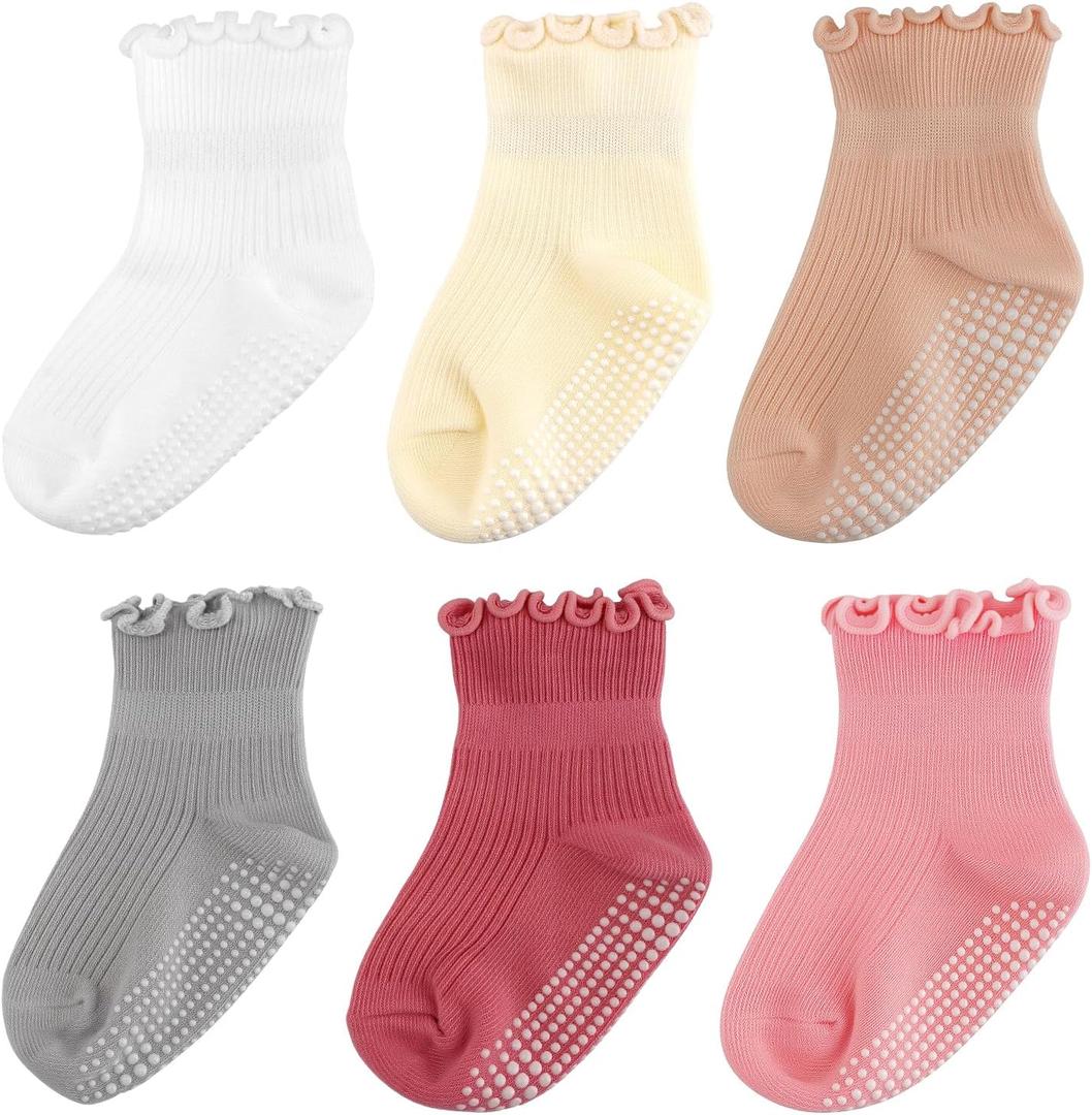 Henland-Jump 6 Pairs Toddler Ruffle Socks for Girls - Baby Grip Socks with Non-Slip, Cute Grippy Frilly Design (3-5T, Multicolor)