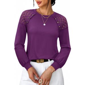 siliteelon Lace Long Sleeve Tops Dress Shirt Womens Crew Neck Loose Dressy Blouse Business Casual Work Summer 2026 Purple (Purple, XL)