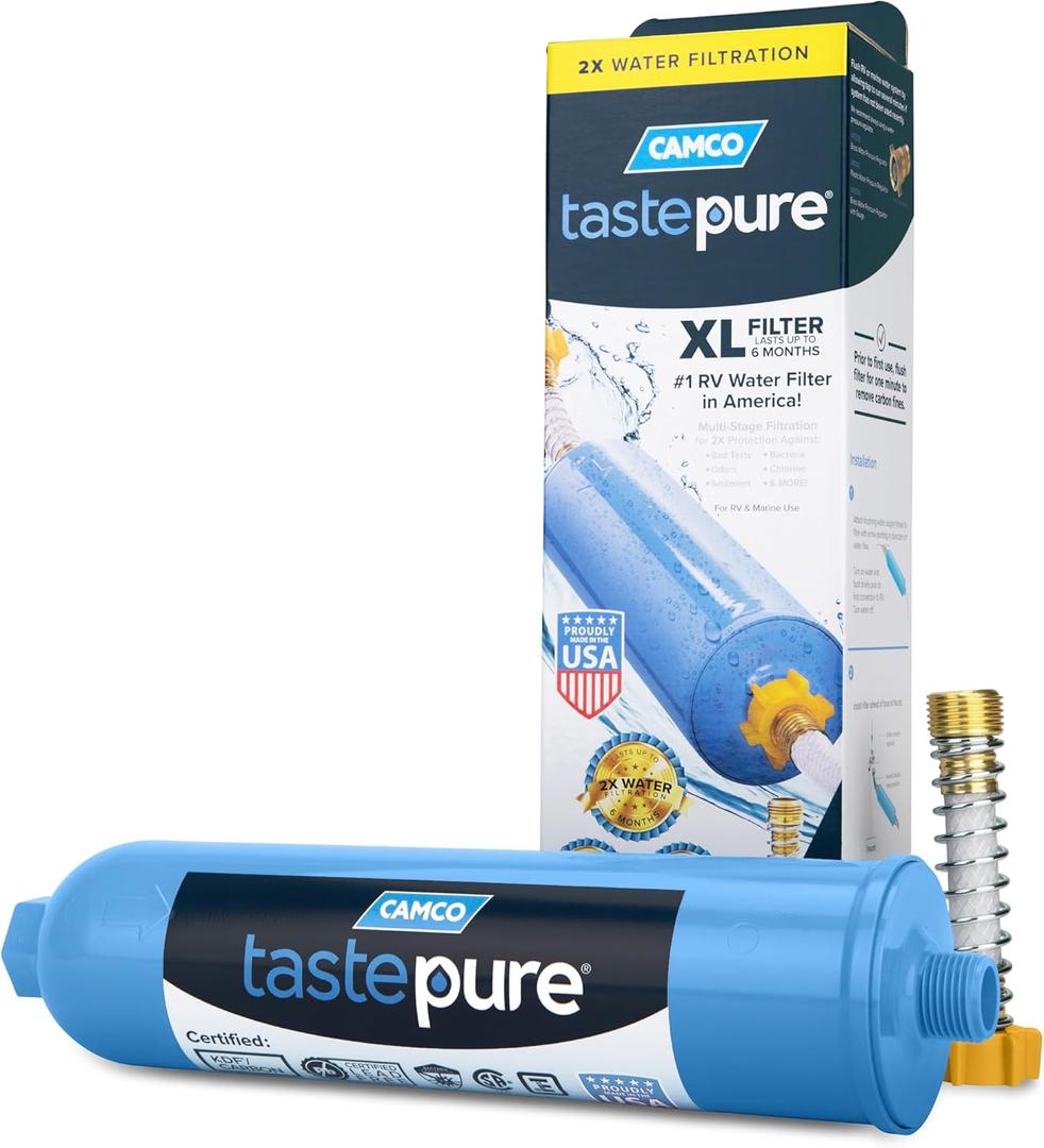 Camco Tastepure XL RV - Reliable RV Inline with Flexible Hose Protector - GAC & KDF - Made in USA - Camping Essentials for Fresh Drinking Water (40019)