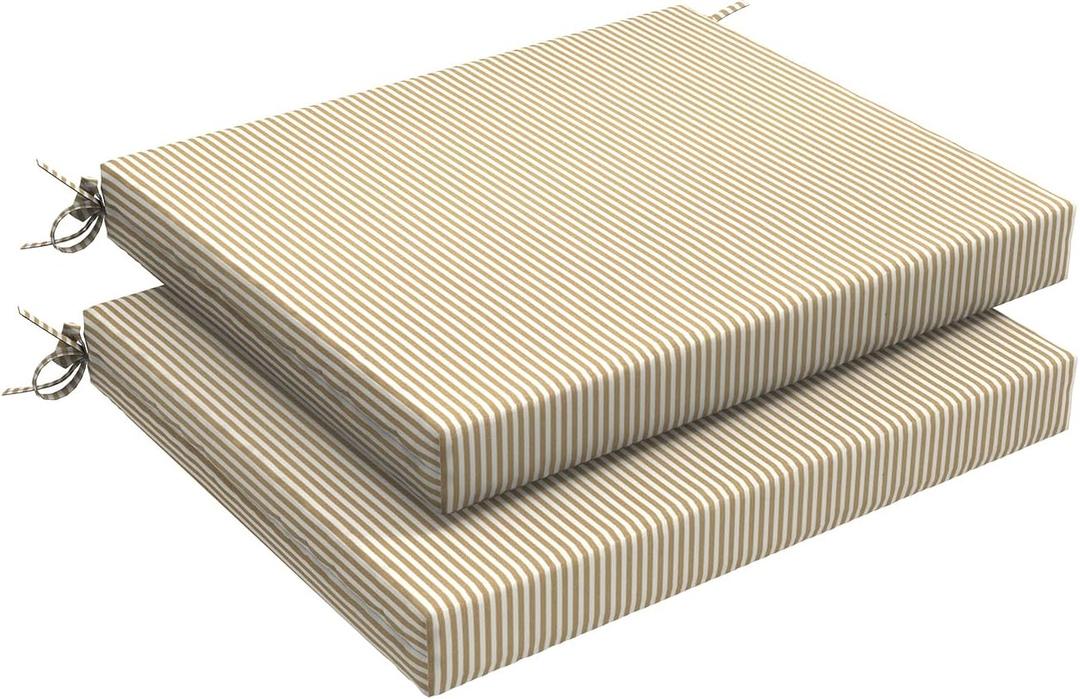 LVTXIII Outdoor Seat Cushions Seasonal Replacement Chair Cushions, Patio Chair Pads with Ties for Dining Chairs and Garden Furniture, (Square Back, 18.5"x16"x2", 2 Pack, Strip Beige) (Set of 2)